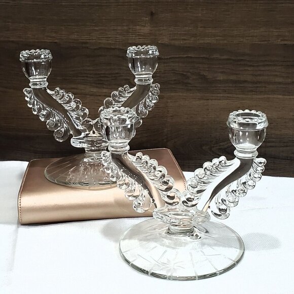 2 Etched Double Branch Candle Holder Susquehanna Glass 3848 candlestick vintage - Picture 9 of 9